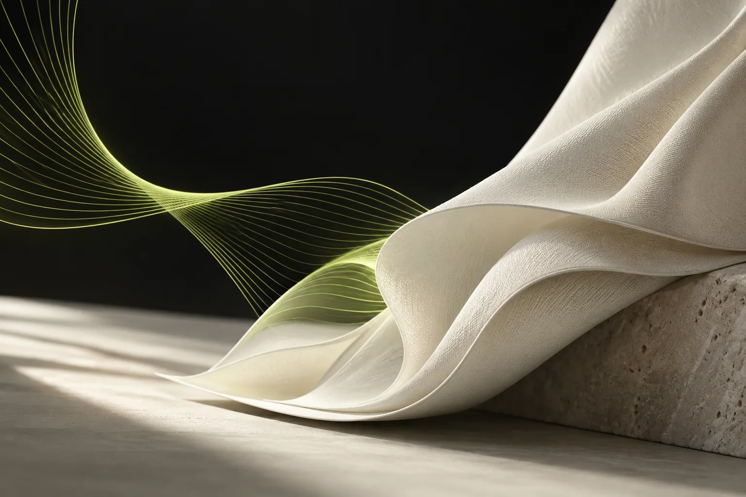 Abstract lime curves becoming a folded ivory material